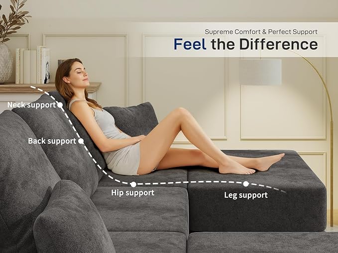 Living&Giving 128" U-Shaped Cloud Sectional Couch for Living Room, Cloud Boneless Couch-No Assembly with Reversible Chaise, Customizable 4-Seat Modular Sectional Sofa with 3 Ottoman,Dark Grey