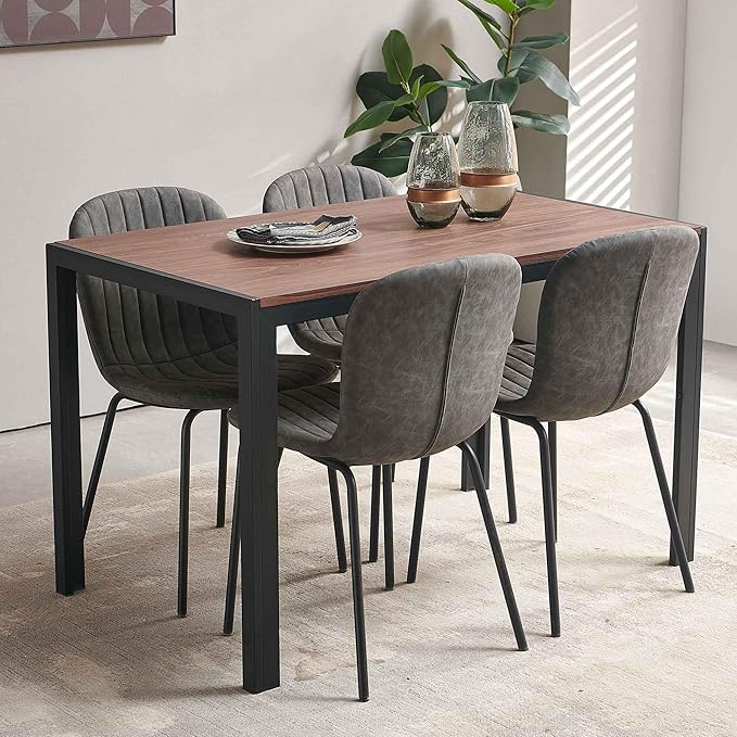 Dining Room Table Set for 4, 47" Rectangle Walnut Color Dining Table with Thick MDF Tabletop, Dark Grey Kitchen Chairs Upholstered Accent Chairs for Small Spaces