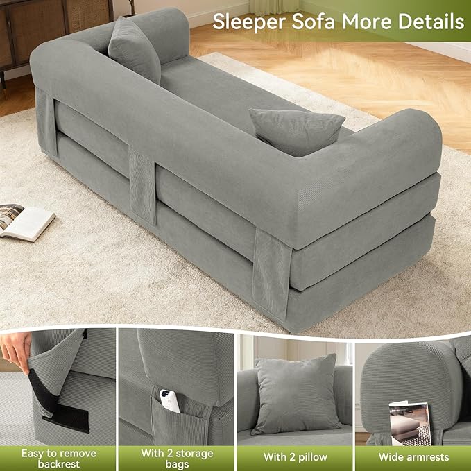 Convertible Folding Sofa Bed,80" Pull Out Couch with Pillows & Storage Pocket,Modular Futon Bed Corduroy Queen Sleeper Sofa in a Box,Compression Boneless Couch for Living Room,Light Gray