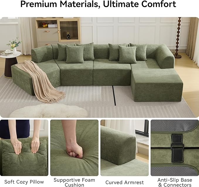 140''Oversized Cloud Velvet Curved Sectional Couch, Boneless Couch with L-Shape Chaise, Upholstered Compression Memory Foam Modular Sectional Sofa for Living Room, No Assembly Required, Green