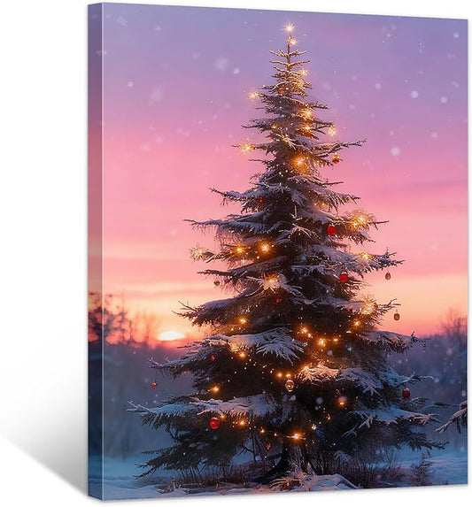 Framed Christmas Pictures Wall Decor,Vintage Pine Tree Prints,Winter Christmas Canvas Wall Art Decoration for Bedroom Bathroom Living Room Rustic Xmas Holiday Gifts (Christmas Tree 10, 20'' X 32'')