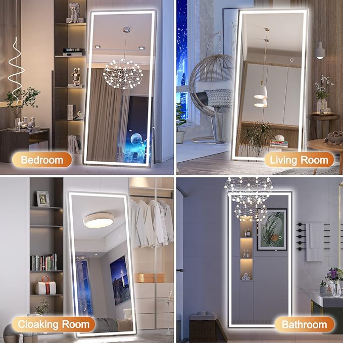 Hasipu Full Length Mirror with Lights, 81" x 34" LED Lighted Floor Standing Mirror, Full Body Dressing Hanging Mounted Mirrors, Dimmable, Tempered Glass, Safe to Use, Square White