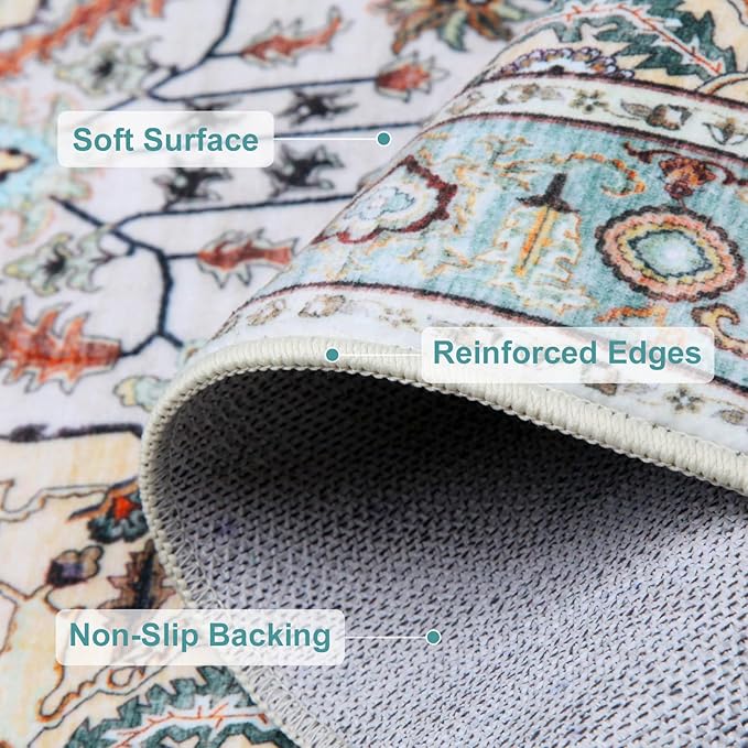 WILLSUN Washable Area Rugs, 4x6 Non-Slip Boho Large Area Rugs for Living Room, Bedroom, Machine Washable Vintage Rug, Indoor Floral Print Carpet for Home Decor, Kid & Pet Friendly Mat