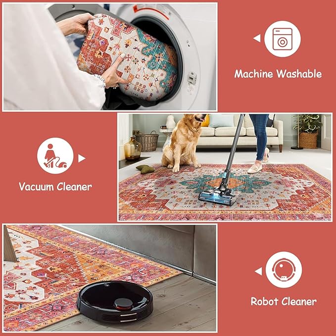 Moynesa Ultra-Thin Washable Round Rug - 4ft Pink Oriental Circle Area Rugs for Nursery Bedroom, Vintage Non Slip Non Shedding Low Pile Carpet for Living Room Coffee Table Entryway