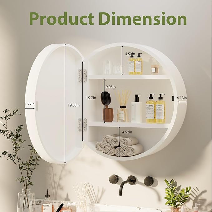 Royal Windsor 20 Inch Round Medicine Cabinet Mirror, Bathroom Mirror Wall Cabinet with Storage and Shelf, Surface Wall Mounted,Arched Cabinet Makeup Vanity Mirror for Bedroom, White