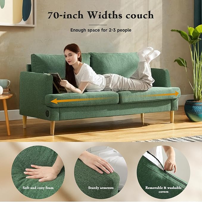 Loveseat Sofa Couch for Living Room with USB Type C Ports – Upholstered 70" Small Couches for Bedroom, Office or Apartment–Modern 2-Seater Deep Seating with Soft Cushions & Sturdy Frame,Green