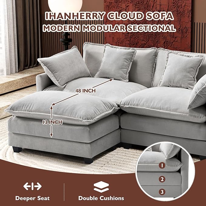 Ihanherry 77" L Shaped Modern Sofa Modular Sectional Cloud Couch with Ottoman, 3-Seat Chenille Deep Seat Sofa with Pillow for Living Room, Bedroom and Apartment, Grey