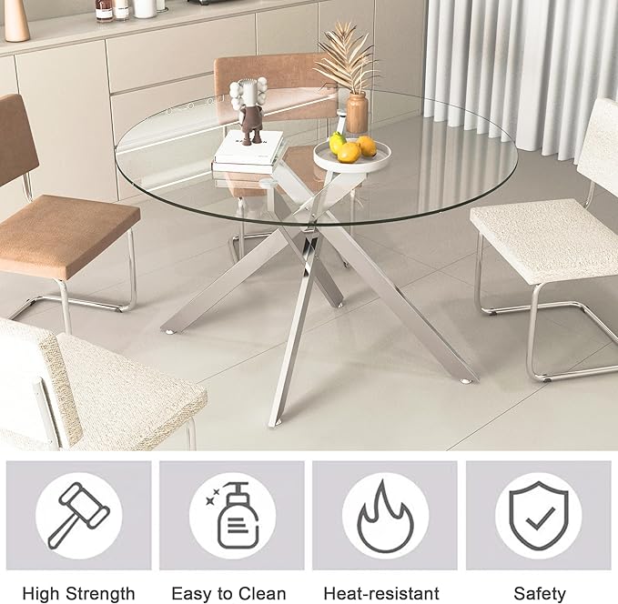 Goujxcy Round Dining Table Set for 6, Modern Glass Kitchen Table and Chairs Set of 6, 7 Piece Dining Room Table Set with 47" Circle Silver Metal Glass Dinner Table and 6 Grey Leather Dining Chairs