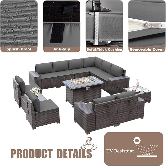 Kurapika 13 Pieces Patio Furniture Set, Rattan Wicker Outdoor Conversation Sets w/43in Propane Fire Pit Table(Grey)
