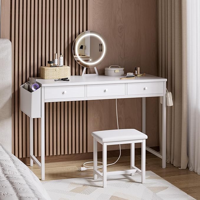 Girls Vanity Desk with Mirror and Lights Small Makeup Vanitys Set with Chair Fabric Drawers Power Outlet, Dressing Table Vanities for Kids Bedroom 40“ White