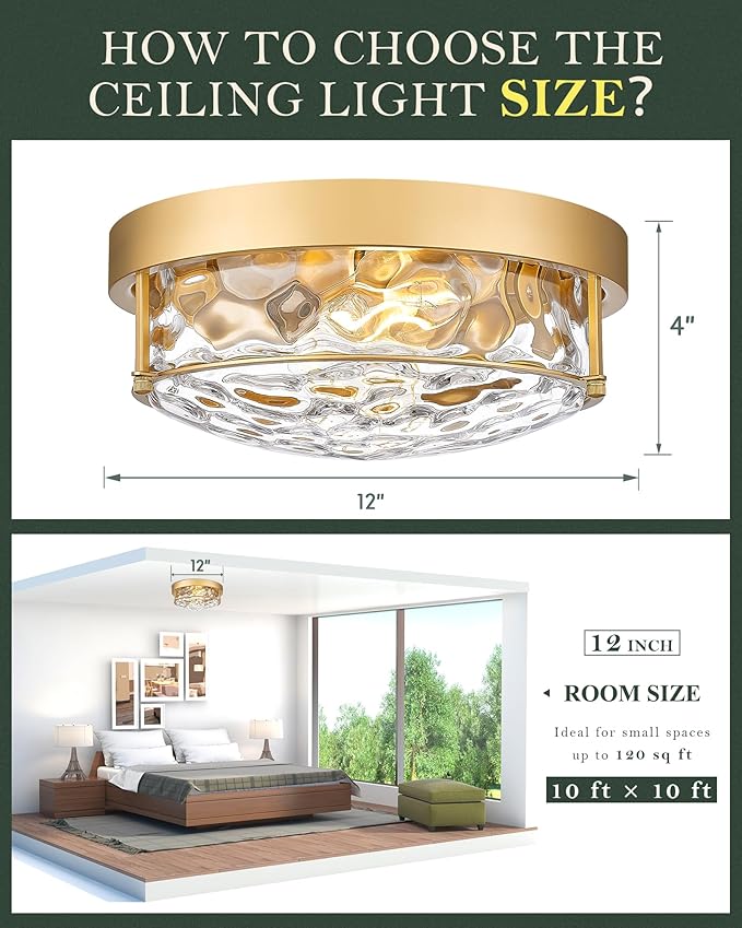 12" Flush Mount Ceiling Light, Farmhouse Style, Hammered Glass,Brass Gold, for Living Room, Bedroom, Dining – CKCL4822-2W-HGBB