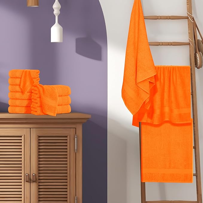 BOUTIQUO 24 Pack Cotton Towel Set, Contains 6 Bath Towels 27x54 inch, 6 Hand Towels 16x24 inch & 12 Wash Coths 12x12 inch, Ideal Everyday use, Ultra Soft Compact & Lightweight - Orange