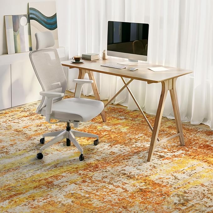 Washable Area Rugs for Living Room - 5x7 Abstract Modern Rug Neutral Soft Rug Stain Resistant Non-Shedding No Slip Low Pile Large Carpet for Bedroom Dining Room Nursery Home Office - Orange/Gold