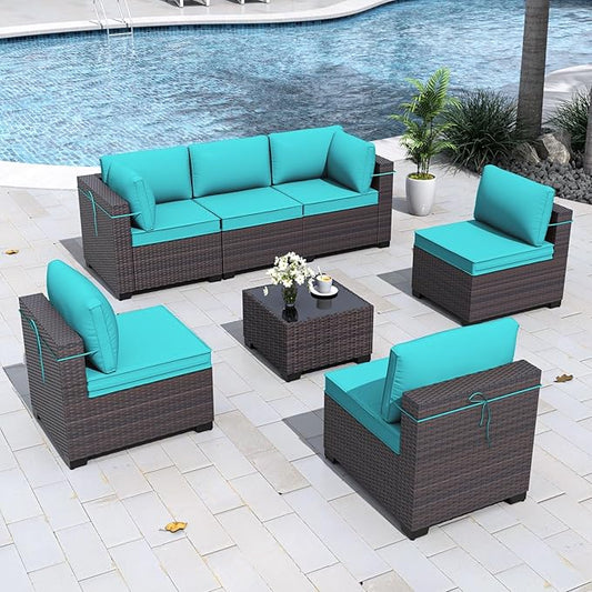 Gotland 7 Pieces Patio Furniture Set with 4’’ Thick Cushions, All-Weather PE Rattan Patio Set with 29.5'' High Backrest, Outdoor Furniture with Coffee Table for Porch Deck Garden Green Blue