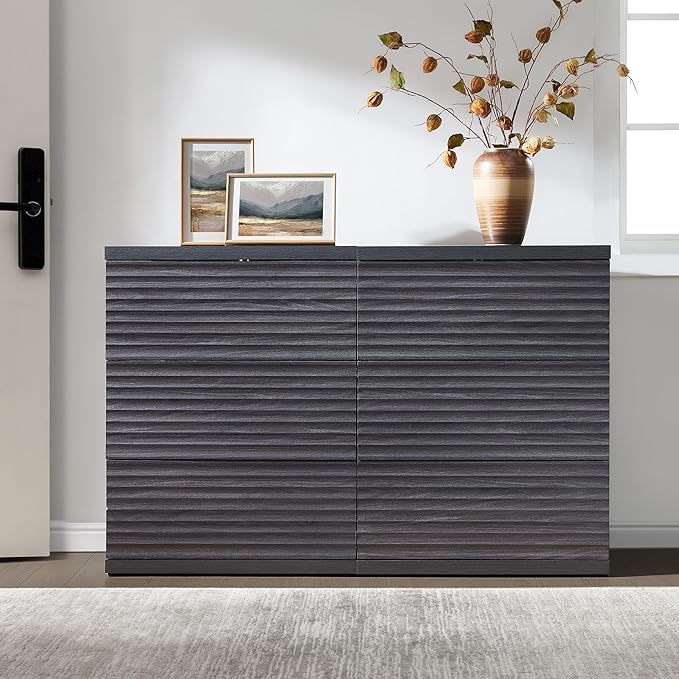 SICOTAS Sideboard Buffet Liquor Cabinet with Storage, Modern Fluted Credenza Coffee Bar Storage Cabinet with Larger Drawers, Mid Century Media Console for Kitchen Hallway, Dark Grey Alder (3 PCS)