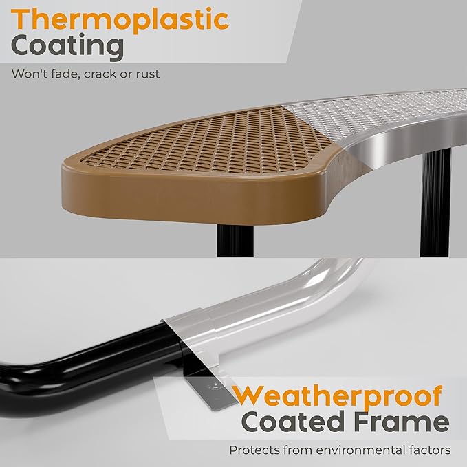Metal Picnic Tables for Outdoors with Umbrella Hole - Coated Steel Heavy Duty Commercial Grade Furniture Set with Adjustable Seats (Brown, 38 in, Round, Expanded Steel)