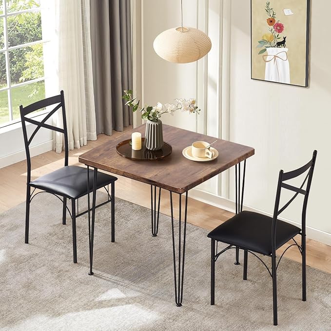 VECELO 3-Piece Dining Table Set for Home Kitchen Small Space Breakfast Nook, 2 Faux Leather Metal Frame Chairs,Brown,Set for 2