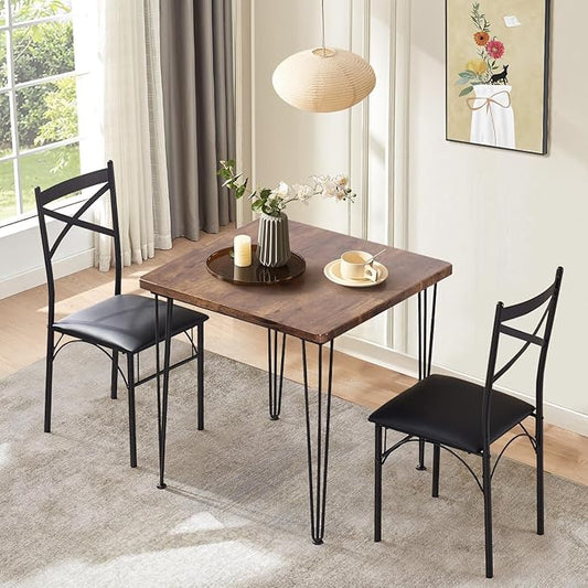 VECELO 3-Piece Dining Table Set for Home Kitchen Small Space Breakfast Nook, 2 Faux Leather Metal Frame Chairs, Classic Brown,Set for 2