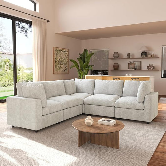 JACH V Shape Sectional Couches for Living Room, Deep Seat Convertible Modular Sofa, Cloud Sectional Couch, Sofa Covers Washable, Minimalist Couch for Living Room, Apartment, Beige