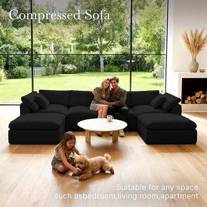 Cloud Modular Sectional Sofa Couch,141” U-Shape Sofa with Wide Armrest, Modern High-Density Sponge Compressed Couch for Living Room, Bedroom,No Assembly Needed (Black, 4 Seats+ 2 Ottoman)