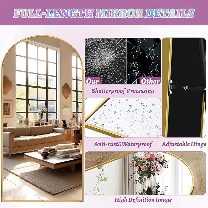 Full Length Mirror, 41"x81" Arched Floor Mirror Freestanding, Floor Standing Full Body Mirror with Stand for Bedroom, Hanging Mounted for Living Room Cloakroom, Gold