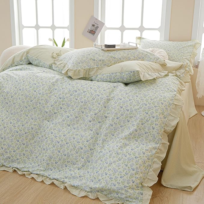 EAVD French Style Garden Floral Ruffled Comforter Set Queen White Fluffy Soft Microfiber Chic Blue Floral Bedding Set with 2 Pillowcases Fresh Botanical Comforter Set for All-Season