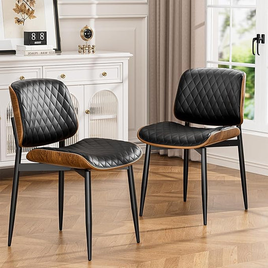 Dining Chairs Set of 2, FSC Certified Mid Century Modern Accent Dining Room and Kitchen Chairs, Upholstered PU Leather Diamond Check Chairs with Walnut Bentwood and Metal Legs, Black