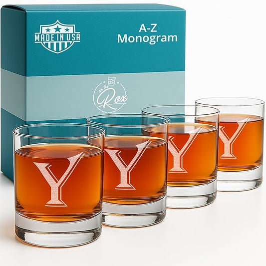 Monogrammed Gifts for Men - 4PC 11 Oz Custom Whiskey Glasses (Y-Monogram) - Engraved Whiskey Glasses - Personalized Whiskey Glasses - Unique Bourbon Glasses - Personalized Glass Gifts for Dad