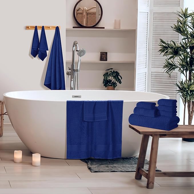 BOUTIQUO 100% Cotton Towel Set, Contains 4 Soft Bath Towel, 6 Hand Towels, 8 Wash Cloths - Compact Absorbent Lightweight & Quickdry Towels for Bathroom - 18 Piece Bathroom Towel Set - Navy Blue