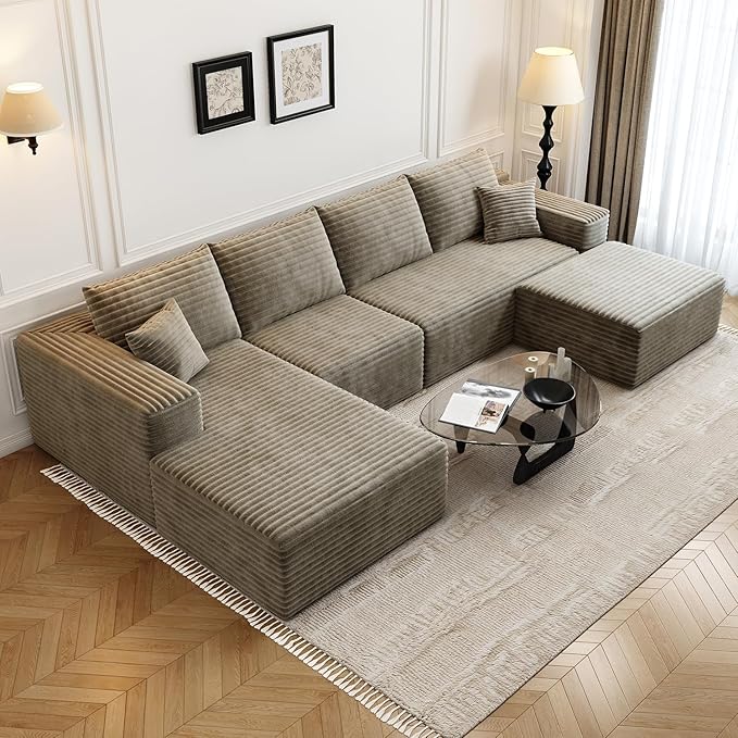 135.4" Cloud Modular Sectional Couch with 1 Ottoman,Modern Minimalist Upholstered Couches, Comfort U Shaped Sofa for Living Room,Deep Seat Corner Couch，No Assembly Required (Camel,Left Facing Chaise)