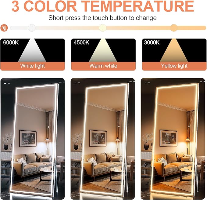 Full Length Mirror with Lights, 79" x 36" LED Lighted Floor Standing Mirror, Tempered Glass, Square White