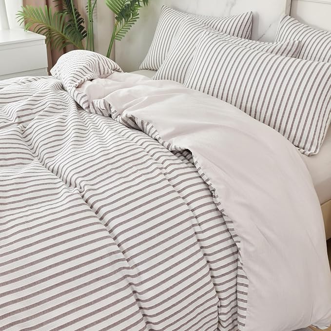 Grey Striped Comforter King Set 100% Soft Washed Microfiber Jacquard 3 Pieces Striped Bedding Sets Grey White Comforter for All Seasons and 2 Pillowcases Comfort Breathable