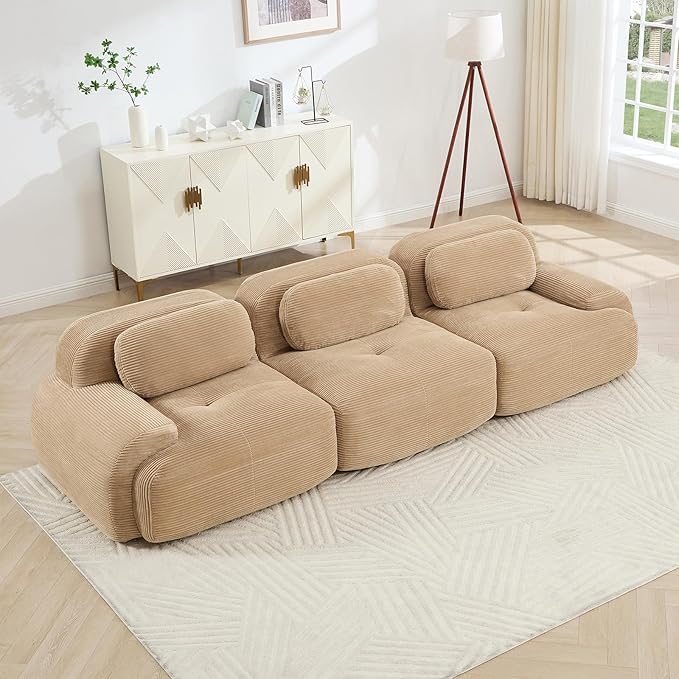 116" Modern Corduroy Cloud Sofa, Boneless Modular Large Sectional Couches for Living Room, Camel 3 Seater Compressed Memory Foam Couch, Extra Deep Seat, No Assembly