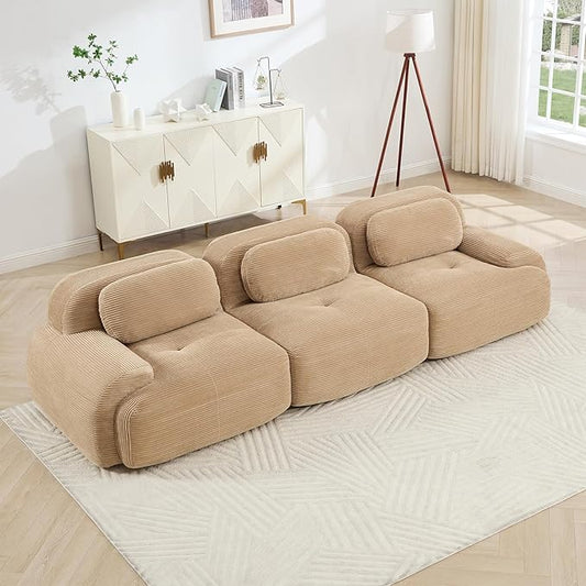 116" Modern Corduroy Cloud Sofa, Boneless Modular Large Sectional Couches for Living Room, Camel 3 Seater Compressed Memory Foam Couch, Extra Deep Seat, No Assembly