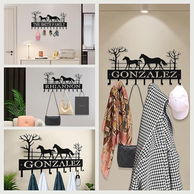 Personalized Key Hooks for Wall,Custom Name Galloping Horse Key Holder Wall Mounted,Fashion Coat Rack,Metal Key Hanger with Hooks,Key Rack Organizer for Entryway,Hallway,Doorway