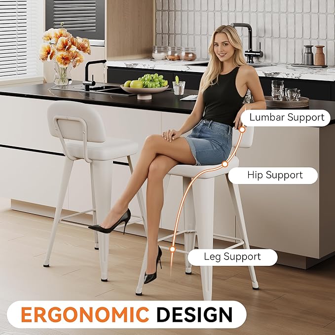 Aklaus PU Leather Metal Bar Stools 26 inch Faux Leather Counter Height Barstools Set of 2 Modern Farmhouse Bar Chairs with High Backs and Faux Leather Seat for Kitchen Island Dining Room Off White