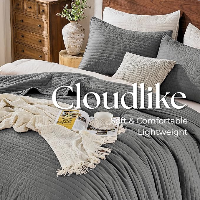 DOWN HOME Queen Quilt Bedding Set with Shams, Vintage Washed Soft Quilted Blanket Thin Comforter Lightweight Bedspread Coverlet Bed Cover, Brushed Microfiber Stripe Stitching, Ash Gray, 86"x90"