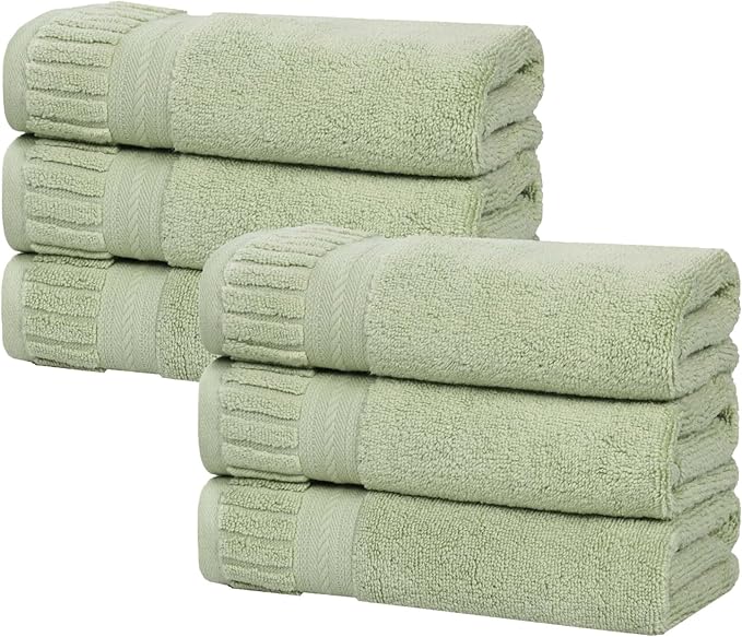 Superior Venice Zero Twist Cotton Medium Weight Towels, for Kitchen, Bathroom, Shower, Spa, Plush Towels, Bath Essentials, Ribbed Textured Border, Absorbent Hand Towels, Set of 6, Green