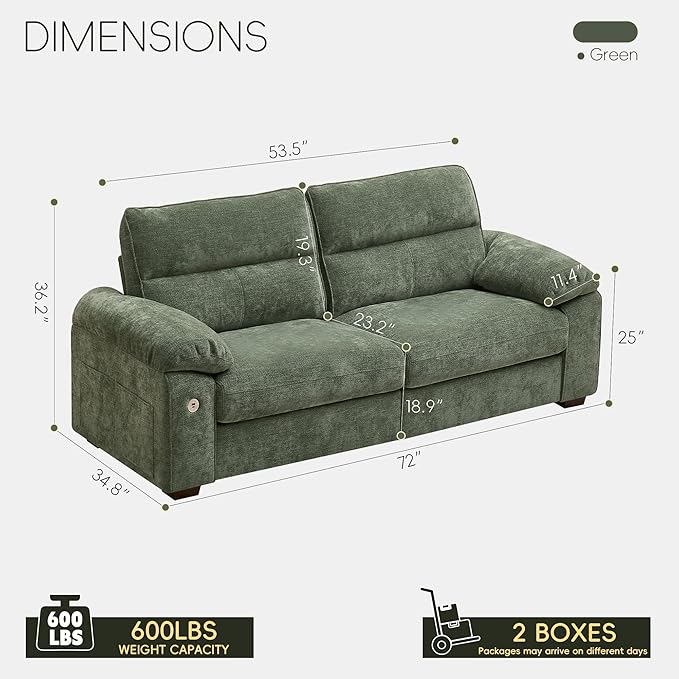 Ihanherry 72" Modern Sofa for Living Room, Deep Seat Chenille Loveseat with Fast Charging Port & Removable Washable Cushions, Pillow-Armrest Couch for Small Space/Apartment, Sturdy Frame, Green