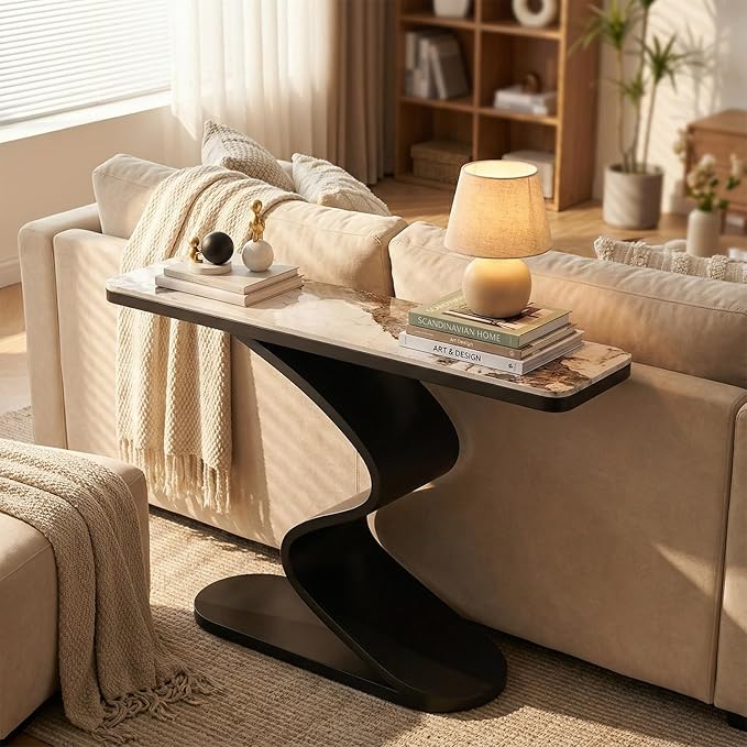 Modern Console Table with Sintered Stone Top, 47" Entryway Table with Sculptural S-Shaped Base Narrow Hallway Sofa Table Behind Couch for Living Room, Accent Furniture(Black,39.3"x11.8"x31.5")