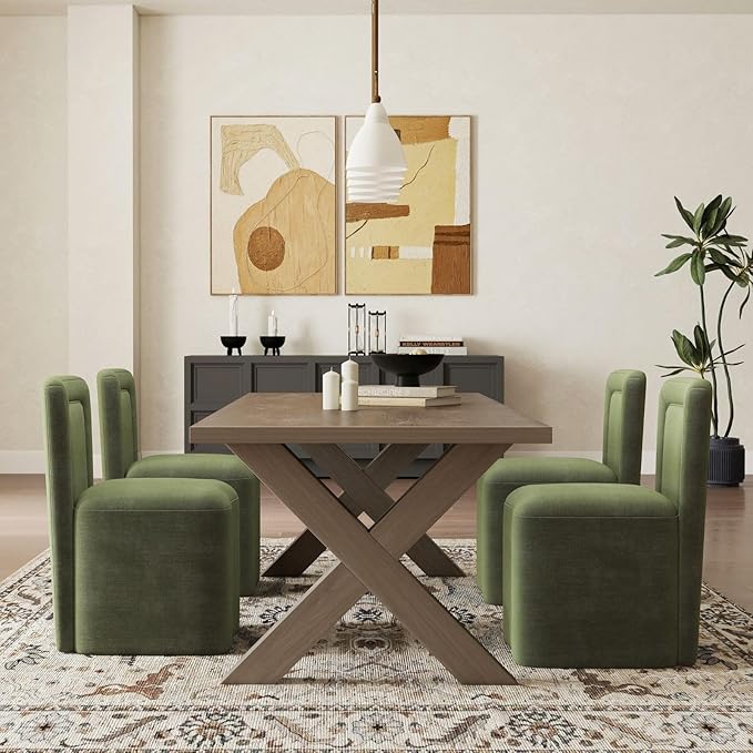 Green Upholstered Dining Chairs Set of 4, Armless Modern Chenille Dining Chairs with High Back, Kitchen Chair for Dining Room/Restaurant/Living Room
