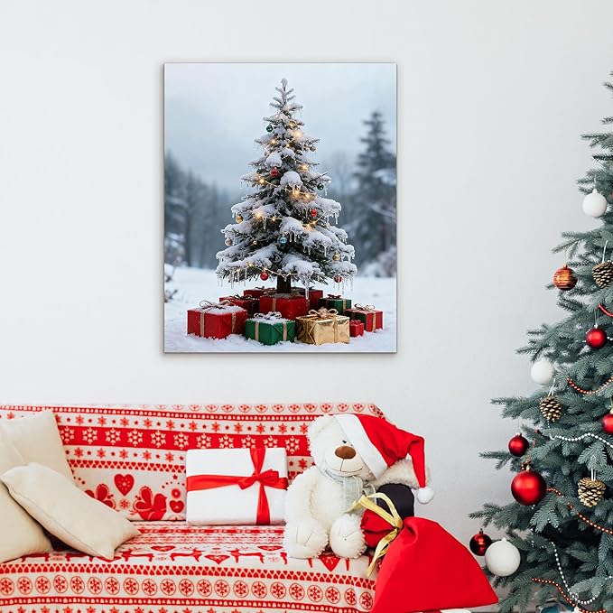 Framed Christmas Pictures Wall Decor,Vintage Pine Tree Prints,Winter Christmas Canvas Wall Art Decoration for Bedroom Bathroom Living Room Rustic Xmas Holiday Gifts (Christmas Tree 11, 16'' X 24'')