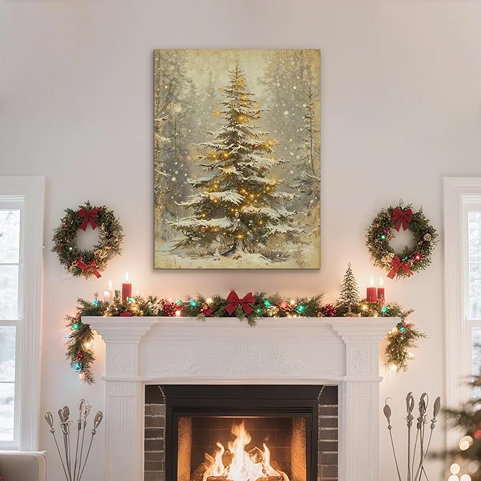 Framed Christmas Pictures Wall Decor,Vintage Pine Tree Prints,Winter Christmas Canvas Wall Art Decoration for Bedroom Bathroom Living Room Rustic Xmas Holiday Gifts (Christmas Tree 2, 12'' X 16'')