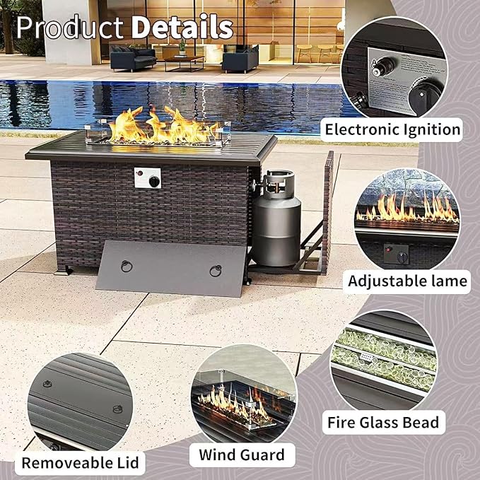 Gotland 8 Pieces Patio Furniture Set with Fire Pit Table, All Weather Rattan Outdoor Furniture with 29.5'' High Backrest 4’’ Thick Cushions Coffee Table, Outdoor Sectional for Porch, Deck, Red