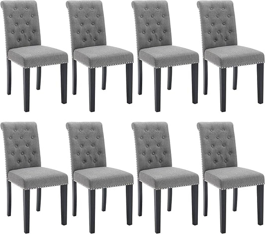 Westice Dining Room Chairs Set of 8 Upholstered Fabric Kitchen Chairs Dining Room Side Chair with Nailhead Trim and Rubber Wood Legs for Small Space Apartment, Gray