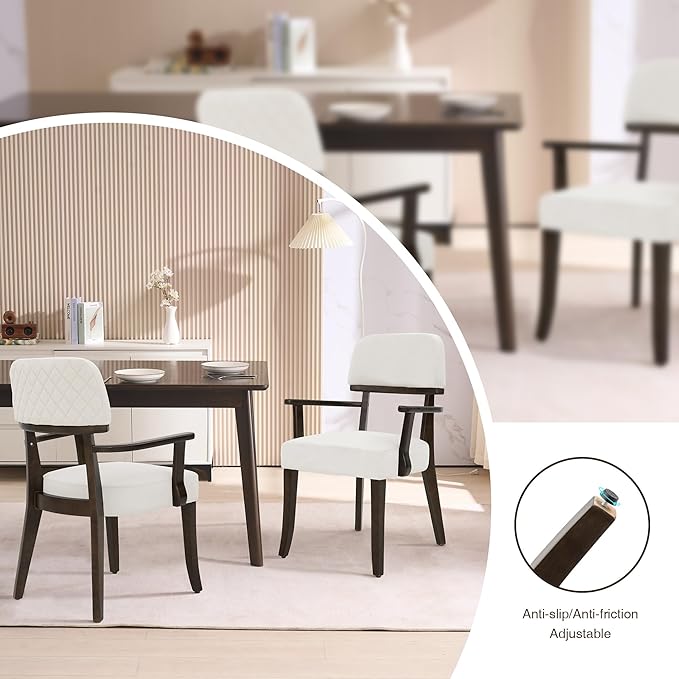 Modern Wood Dining Chairs with Arms Set of 6, Velvet Upholstered Kitchen Chairs with Open Curved Backrest & Black Hardwood Legs, Accent Chairs 350 LBS Capacity, White