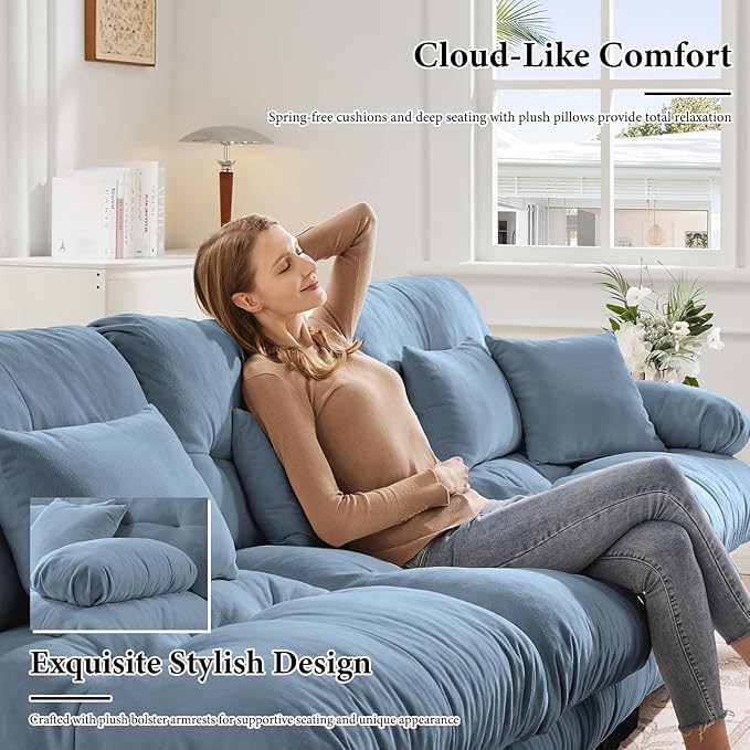 173.2" Oversized Couch, 4 Seater Modular Sectional Sofa, Blue Large U Shaped Sectional Couches for Living Room, Fluffy Chenille Fabric Cloud Couch with Ottoman, Deep Seat Sofas