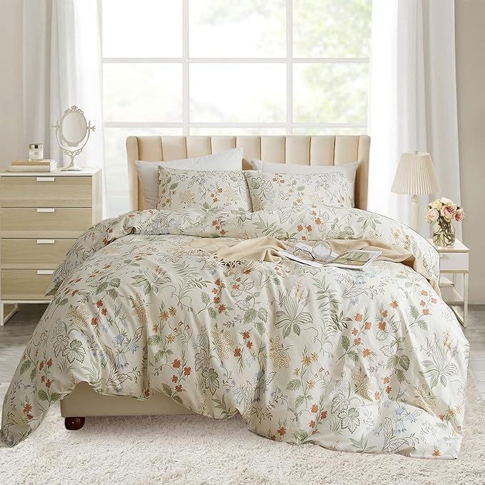 EAVD Vintage Style Garden Floral Comforter Set Full White Microfiber Chic Floral Leaves Cottagecore Bedding Set with 2 Pillowcases Reversible Botanical Aesthetic Comforter for All-Season