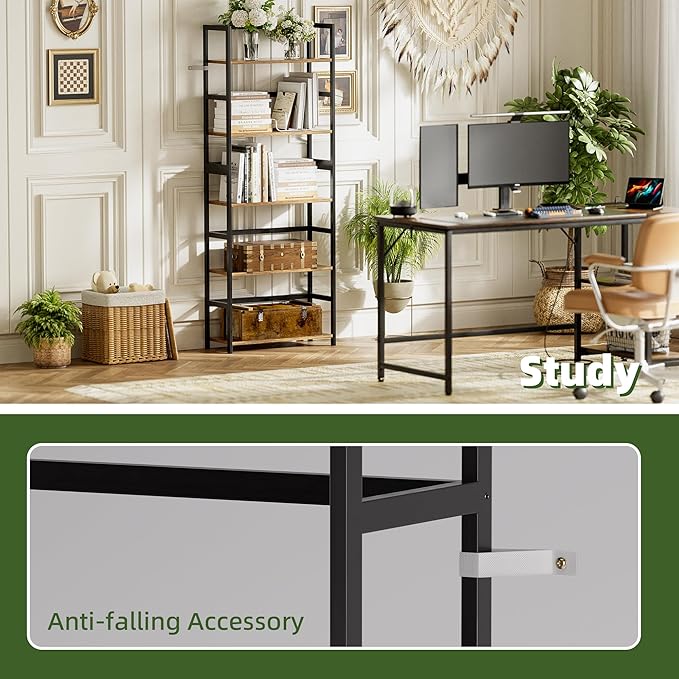5-Tier Bookshelf, Industrial Bookcase with Bamboo Frame, Modern Display Standing Shelf Unit, Tall Wood Storage Organizer for Living Room, Home Office, Rustic Brown
