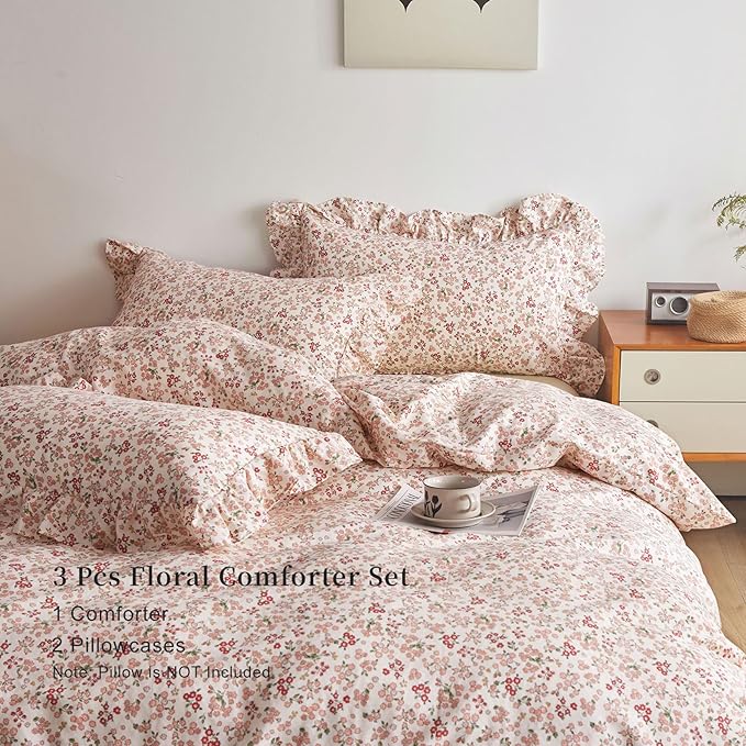 EAVD Garden Cute Small Floral Comforter Set King Fluffy Soft Microfiber Chic Shabby Floral Bedding Set with 2 Pillowcases Reversible Fresh Botanical Comforter Set for All-Season
